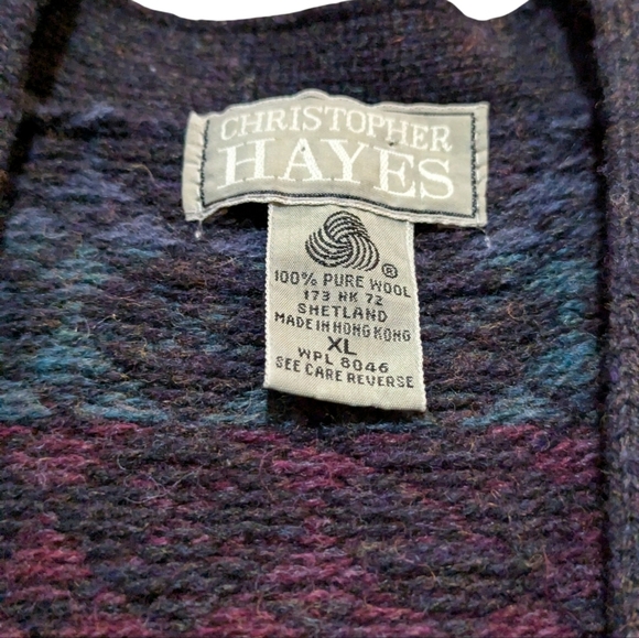 Vintage Christopher Hayes Shetland Wool Chunky Knit Argyle Cardigan Sweater XL - Picture 5 of 8
